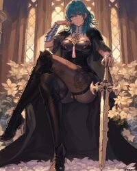 1girls armor armored_female blue_eyes blue_hair byleth_(fire_emblem) byleth_(fire_emblem)_(female) cameltoe crossed_legs fire_emblem fire_emblem:_three_houses flower flowers hourglass_figure itzah lace_trim lace_trimmed_thighhighs large_breasts long_hair looking_at_viewer nintendo painted_nails patreon_username petals pixel_art sitting solo solo_female solo_focus sword thick_thighs wide_hips windows