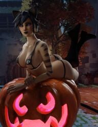 1girls alternate_costume awilix_(smite) big_ass big_breasts bikini black_hair feline_fashion_awilix goddess halloween hi-rez_studios looking_at_viewer mythology pinup skimpy skimpy_clothes smite solo voluptuous voluptuous_female