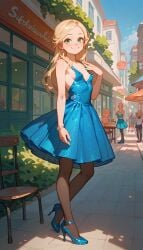 ai_generated blonde_hair blue_dress blue_heels green_eyes happy heels long_hair pussy small_breasts smaller_female tights