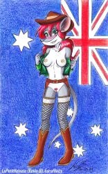 absurd_res acrylic_painting_(artwork) anthro australian australian_flag belt blush blush_lines boots breasts brown_boots brown_clothing brown_footwear clothed clothing colored_pencil_(artwork) cowboy_hat cowgirl_boots cowgirl_outfit female footwear fur geronimo_stilton_(series) green_clothing green_eyes green_topwear grey_body grey_fur hair hat headgear headwear hi_res leptitsuisse1912_(lepetithelvete) lingerie mammal mouse murid murine naughty_face nicky_(thea_sisters) nipples nude nude_female pubes rat red_hair red_pubes rodent shoes solo thea_sisters topwear traditional_media_(artwork) white_body white_fur