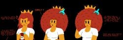 1girls afro afro_hair alternate_hairstyle big_breasts black_background blush crown cute_face dot_eyes embarassed embarrassed hair_brush hairstyle_change huge_afro lord-enemil mario_(series) nes_peach princess_peach red_hair sequence simple_background super_mario_bros. super_mario_bros._(nes) surprised text touching_hair transformation transformation_sequence