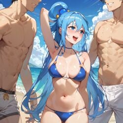 1girls 2boys ai_generated beach bikini multiple_boys toyotaku