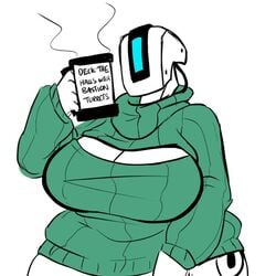 bastion_(overwatch) big_breasts blizzard_entertainment christmas chubby female keyhole_turtleneck mug overwatch overweight robot rule_63 sweater thick_thighs