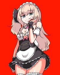 anastasia_(brown_dust) apron black_dress blood blood_on_face blue_eyes breasts brown_dust brown_dust_2 cleavage dress eyebrows_hidden_by_hair female hagoonha hair_between_eyes hand_on_own_cheek hand_on_own_face large_ribbon licking_lips looking_at_viewer maid maid_headdress medium_breasts pink_hair red_background ribbon simple_background smile solo thighhighs tongue tongue_out waist_apron waist_ribbon white_apron white_headdress white_ribbon white_thighhighs