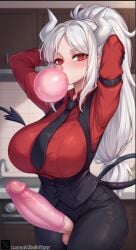 1futa ai_generated big_breasts big_penis blowing_bubble_gum blowing_bubblegum blush breasts bubble_gum bubblegum cerberus_(helltaker) chewing_gum condom condom_on_penis erect_penis erection futa_only futadom futanari gum helltaker horns huge_breasts huge_cock miss_io nipples panties penis red_eyes solo stable_diffusion testicles white_hair