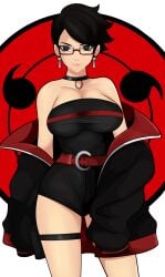 1girls big_breasts black_eyes black_hair boruto:_two_blue_vortex breasts cleavage earrings female female_only glasses jacket large_breasts naruto sarada_uchiha short_hair sonson-sensei