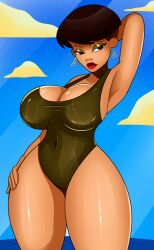 beach bebe's_kids big_breasts brown_hair dark_skin jamika lipstick milf one_piece_swimsuit short_hair sonson-sensei swimsuit wide_hips