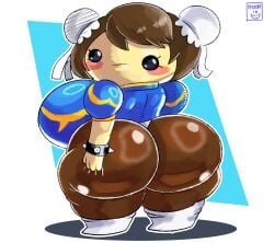 ass ass_focus ass_grab big_breasts black_eyes blush brown_hair butt_crack butt_focus butt_grab chibi chun-li chun-li_(doobus_goobus) doobus_goobus fat_ass huge_ass huge_butt light-skinned_female light_skin looking_at_viewer looking_back moonix_xero shortstack simple_eyes simple_face street_fighter street_fighter_ii street_fighter_iii