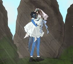 2girls anthro_on_human apple3.14 blue_suit brown_hair carrying couple couple_(romantic) dark_blue_hair godzilla_(series) godzilla_junior happy interspecies long_hair madison_russell older pale-skinned_female romantic romantic_couple scalie short_hair tail tears wedding_dress wholesome yuri