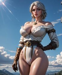 ai_generated big_breasts breasts cameltoe ciri clothing female green_eyes light-skinned_female looking_at_viewer scar solo the_witcher_(series) the_witcher_3:_wild_hunt thealphega white_hair