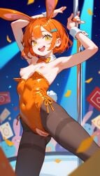 ai_generated armpits bunny_ears bunnysuit hair happy orange_hair pilon pussy small_breasts smaller_female striptease tights yellow_eyes