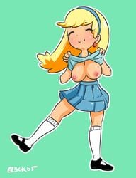 1girls 236kbs areolae blonde_hair blush breasts closed_eyes female female_only green_background hairband kneehighs kneesocks leni_loud mary_janes nipples shirt shirt_lift skirt smile solo solo_focus the_loud_house white_socks