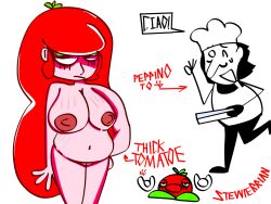 breasts breasts_out chef chef_hat chubby_female dialogue highlight looking_at_viewer moustache peppino_spaghetti pizza_box pizza_tower poosay pussy red_hair sketch stewiebrian_(artist) stretch_marks text text_bubble tomato tomato_toppin toppin_gals toppin_gals_minus8 vagina