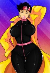 big_breasts black_hair earrings jubilee jumpsuit marvel marvel_comics short_hair sonson-sensei superheroine thick_thighs wide_hips x-men