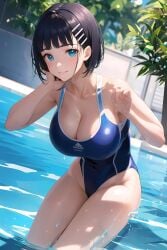 ai_generated asian asian_female bare_legs black_hair blue_eyes gigantic_breasts huge_breasts huge_thighs imayoai kirigaya_suguha light-skinned_female light_skin looking_at_viewer massive_breasts one-piece_swimsuit short_hair smiling solo_female squatting sweat sweatdrop swimsuit sword_art_online thick_body thick_female thick_thighs thighs voluptuous voluptuous_female