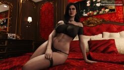 bed bedroom black_hair bra breasts collar entitledgoose female light-skinned_female looking_at_viewer navel nipples nipples_visible_through_clothing purple_eyes solo the_witcher_(series) the_witcher_3:_wild_hunt thong yennefer