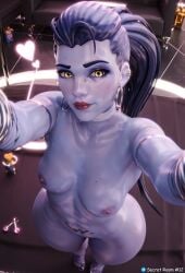 3d activision ai_generated amelie_lacroix big_hips blizzard_entertainment blue_hair breasts curvy curvy_figure female heart nipples overwatch overwatch_2 purple_skin secret_room12 selfie shiny_skin stable_diffusion widowmaker yellow_eyes