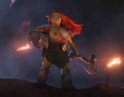 axe battle_armor bbw breasts_out chubby_female chunky dreamworks female giant_breasts hair_flowing_over helmet holding_weapon long_hair massive_breasts necklace ogre ogre_girl ogress_fiona paramount_pictures princess_fiona princess_fiona_(ogre) rastifan red_hair shrek_(series) shrek_forever_after skirt stoic_look thicc thick_thighs