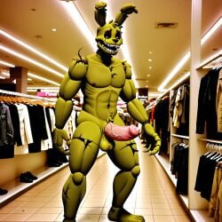 1boy ai_generated anthro balls department_store erection fangs five_nights_at_freddy's fnaf furry green_body humanoid male_focus male_only nude penis rabbit solo solo_focus springtrap_(fnaf)