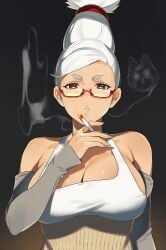 ayase_seiko big_breasts breasts brown_eyes cigarette cleavage dandadan female gilf glasses huge_breasts large_breasts looking_at_viewer looking_down mandusaru mature mature_female mature_woman older_female pink_nails ponytail smoke smoking tagme white_hair