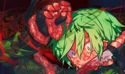 1boy arm_up black_gloves blood blood_on_face blood_on_hands blood_on_knife ear_piercing fingerless_gloves flippy_(happy_tree_friends) flippy_(htf) gloves green_hair green_jacket grin guro hair_between_eyes happy_tree_friends highres holding holding_knife intestines jacket knife long_sleeves male_focus omoyu_(nakyu715) personification piercing portrait sharp_teeth short_hair smile solo teeth wide-eyed yellow_eyes