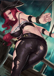 1girls angry ass bent_over blue_eyes captive cianyo eyes_visible_through_hair female hands_toed hat large_breasts league_of_legends miss_fortune nail_polish nails pants panty_peek raining red_hair riot_games skimpy_clothes slave solo solo_female tied_up