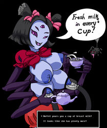 ! 1girls 4_breasts 5_eyes 6_arms arachnid big_areola big_breasts big_nipples black_background black_hair blue_nipples blue_skin breasts breasts_out cup dark_nipples dialogue elbow_gloves english_text fangs female female_only gloves hairbow huge_areolae huge_breasts huge_nipples insects jim_sugomi lactation looking_at_viewer milk_squirt milking milking_machine milking_self muffet multi_arm multi_breast multi_eye multi_limb open_smile puffy_sleeves purple_eyes short_hair smile solo speech_bubble spider spider_girl straight_hair teacup teapot text text_box twintails undertale