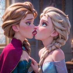 2girls ai ai_generated anna_(frozen) braided_hair braided_ponytail disney disney_princess elsa_(frozen) frozen frozen_(film) frozen_2 incest kissing lesbian_couple lesbian_kiss making_out nsfw porn pornography princess princesses sister sisters white_hair yuri yuri