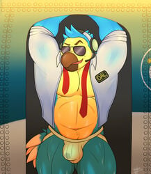 1boy animal_crossing anthro arms_above_head avian beak bird blue_body blue_feathers bodily_fluids brown_beak bulge clothed clothing columbid dodo eyebrows eyewear feathers genital_fluids headgear headphones headset hi_res jockstrap male male_only necktie nintendo open_mouth open_shirt precum precum_through_clothing raised_eyebrow seductive shirt solo sunglasses topwear underwear video_games wet wet_clothing white_underwear wilbur_(animal_crossing) wolfybuns