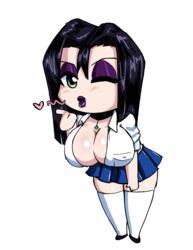 big_breasts blowing_kiss chibi choker cleavage dog_collar goth gothic gothic_girl green_eyes huge_breasts large_breasts lilith_romana oppai_forge purple_lipstick school_uniform seductive_look short_skirt star_of_david thighhighs white_shirt winking winking_at_viewer