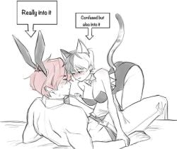 1male1female big_breasts bunnysuit catsuit clothed dominant_female ranboo rule_63 rule_63 size_difference suggestive suggestive_gesture technoblade