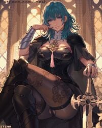 1girls armor armored_female blue_eyes blue_hair byleth_(fire_emblem) byleth_(fire_emblem)_(female) cameltoe crossed_legs fire_emblem fire_emblem:_three_houses flower flowers hourglass_figure itzah lace_trim lace_trimmed_thighhighs large_breasts long_hair looking_at_viewer nintendo painted_nails patreon_username petals pixel_art sitting solo solo_female solo_focus sword thick_thighs wide_hips windows