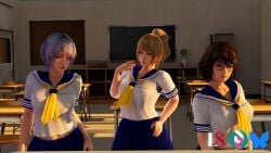 3d 3girls big_breasts blender blender_(software) blonde_hair breasts brown_hair classroom dead_or_alive dead_or_alive_xtreme_venus_vacation glasses gyaru imminent_sex japanese_school_uniform le_sandman lilac_hair nerd nerdy_female school_uniform schoolgirl shizuku_(doa) small_breasts student sunset tagme tsukushi_(doa) unseen_male xnalara yukino_(doa)