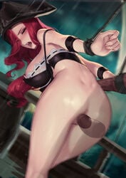 1girls blue_eyes bottomless captive cianyo closed_eyes dark-skinned_male dark_skin dimples_of_venus female forced_pleasure forced_sex hat interracial large_breasts league_of_legends miss_fortune motion_blur pussy raining red_hair riot_games skimpy_clothes slave solo_focus tied_up uncensored