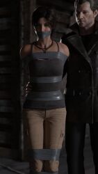 1girls 3d arms_behind_back bondage bound bound_arms bound_legs brown_hair brunette_hair domination duct_tape female femsub gag gagged girl kidnapped konstantin_(tomb_raider) lara_croft lara_croft_(survivor) looking_down male maledom ponytail restrained rindekey rise_of_the_tomb_raider slave slavegirl tape tape_gag taped_mouth tied tomb_raider tomb_raider_(survivor) video_games