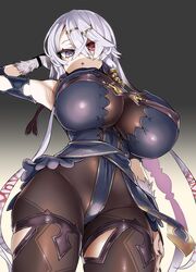 armpits asanagi atelier_ryza hairclip hand_on_head heterochromia huge_breasts lila_decyrus looking_at_viewer looking_down open_mouth thick_thighs white_hair