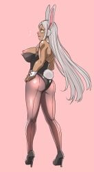 1girls accidental_exposure blush boku_no_hero_academia breasts bunny_ears bunny_tail bunnysuit dark-skinned_female dark_skin female full_body hand_on_hip hands_on_hips heels long_hair miruko my_hero_academia partially_clothed rear_view red_eyes rumi_usagiyama shiraue_yuu solo solo_female sweatdrop white_hair