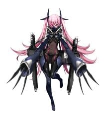 1girls black_bodysuit bodysuit breasts claws counter:side face_mask facemask female full_body highres long_hair looking_at_viewer mask midriff mouth_mask official_art pink_hair red_eyes replacer_bishop small_breasts solo tachi-e transparent_background twintails wide_sleeves