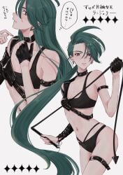 1girl 1girls bdsm_gear blank_background bondage choker female female_only gloves green_hair japanese_language japanese_text long_hair mtkpasta navel_piercing pokemon pokemon_sv ponytail red_eyes rika_(pokemon) solo solo_female translation_request whip white_background