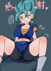 1girls blue_eyes blue_hair dragon_ball dragon_ball_super dragon_ball_z earrings female female_vegito medium_breasts nipple_bulge potara_earrings rule_63 saiyan super_saiyan super_saiyan_blue sweat vegito visible_nipples