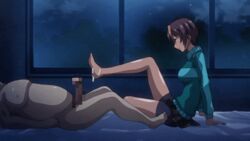 animated bike_shorts brown_hair brown_skin butcha-u censored cfnm clothed cum cum_on_feet cumshot dark_skin footjob jutaijima nude_male short_hair sweater toume_akira ura_jutaijima