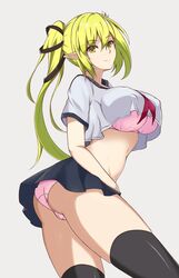 1girls big_breasts blonde_hair bra crop_top_overhang elf elf_ears elsword elsword_(character) female green_eyes green_hair legs nipple_bulge panties pink_bra pink_panties pointy_ears rena_(elsword) school_uniform simple_background smile tagme thighhighs twintails upskirt