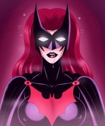 batman_(series) batwoman big_breasts brainwashing cape dc dc_comics drool drooling female_focus female_only hypnosis kate_kane light-skinned_female lipstick long_hair mask mind_control nipples_visible_through_clothing pale_skin polmanning purple_background red_background red_hair red_lipstick saliva solo_female solo_focus spiral_eyes superheroine white_eyes