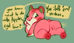 animal_crossing anthro apple_(animal_crossing) ass blush cricetid female flipside fur genitals hamster looking_at_viewer mammal nintendo nude open_mouth presenting presenting_hindquarters presenting_pussy pussy rodent simple_background smile solo text video_games