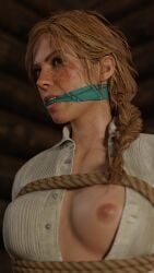 1girls 3d accurate_art_style arms_behind_back blonde_female blonde_hair bondage bondage bound bound_arms breasts cowgirl cowgirl_(western) domination femsub freckles gag gagged medium_breasts open_shirt red_dead_redemption_(series) red_dead_redemption_2 rindekey rope rope_bondage sadie_adler sitting slave small_breasts tied tied_up video_games western wild_west