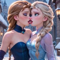 2girls ai ai_generated anna_(frozen) braided_hair braided_ponytail disney disney_princess elsa_(frozen) frozen frozen_(film) frozen_2 incest kissing lesbian_couple lesbian_kiss making_out nsfw porn pornography princess princesses sister sisters white_hair yuri yuri