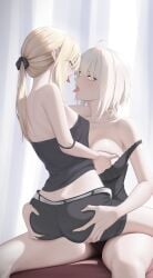 2girls alternate_breast_size artoria_pendragon artoria_pendragon_(alter) ass ass_grab breasts casual casual_clothes casual_suit clothed clothing fate/grand_order fate_(series) female female_only fingering_partner jeanne_alter jeanne_d'arc_(alter)_(fate) jeanne_d'arc_(fate) jeanne_d'arc_(fate)_(all) kissing large_breasts lesbian_sex medium_breasts nmi pleasure pleasure_face pleasured pleasured_face romantic saber saber_alter short_hair yuri