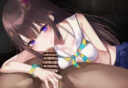 1boy :>= bar_censor blue_skirt blush bracelet breast_press breasts brown_hair caressing_testicles censored cleavage dark-skinned_male dark_skin eyebrows_visible_through_hair fellatio female hair_between_eyes hair_ornament hair_ribbon highres hololive hololive_gen_0 hololive_japan jewelry lips long_hair looking_at_viewer medium_breasts midriff oral penis pink_ribbon pleated_skirt purple_eyes ribbon sailor_collar skirt sleeveless solo_focus star star_hair_ornament straight straight_hair suushiki tokino_sora tokino_sora_channel virtual_youtuber white_bikini_top