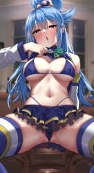 absurdres aqua_(konosuba) ass blue_eyes blue_hair blue_shirt blue_skirt blush boots bow breasts choker cleavage clothes_lift detached_sleeves female gem green_bow hair_between_eyes hair_ornament hair_rings highleg highleg_panties highres jack_dempa kono_subarashii_sekai_ni_shukufuku_wo! large_breasts lifting_own_clothes long_hair looking_at_viewer navel open_mouth panties partially_visible_vulva pussy_juice shirt shirt_lift skirt sleeveless sleeveless_shirt solo spread_legs stomach sweat thigh_boots thighhighs thighhighs_under_boots underwear very_long_hair