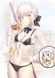 2girls artist_request artoria_pendragon artoria_pendragon_(alter) bikini black_ribbon blonde_hair blush breasts chubby chubby_female eating fate/grand_order fate_(series) female_only hamburger inminent_sex maid normal_breasts saber saber_alter yellow_eyes